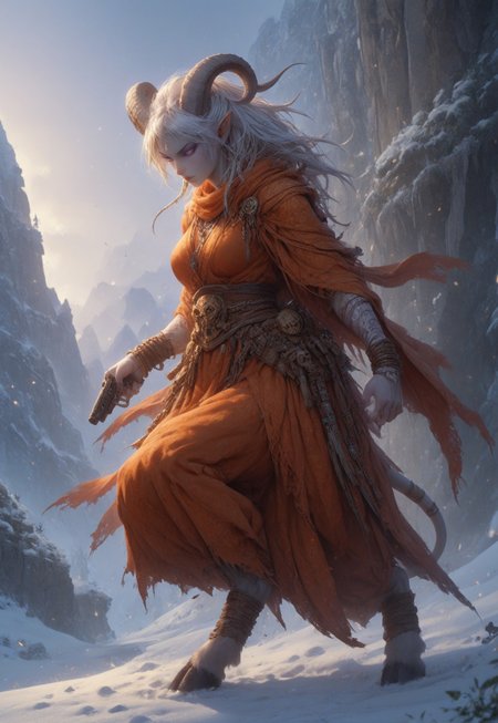 (absurdres, best quality, masterpiece:1.4), score_9, score_8_up, score_7_up, score_6_up, detailed, detailed body, detailed face, world of warcraft, fantasy, <lora:add-detail-xl:1.5>, 

fFaceDetail, SkinDetail, ((female, draenei, tall, athletic arms, pale white skin, long white hair, purple eyes, no pupil, no sclera, long white tail), (h0rns, ram horns, white horns), 
(long fingers, purple fingernails, purple nail polish), hooves),  

GunMonk, pistol, holding pistol, dynamic pose, 

(long loose orange dress, orange silk scarf, tail under dress, simple armlet, small yellow gem pendant), 

outdoors, mountains, temple, snow, evening