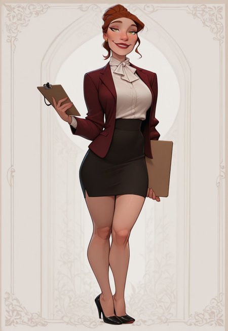 masterpiece, best quality, amazing quality, very aesthetic, DISNEY_ANIMATION, incoth, (incase:0.6), 

tall female, toned body, Irish, full body freckles, late 20s, auburn hair, high ponytail, emerald eyes, high cheekbones, soft facial features, full lips, confident expression, smile, elegant, commanding presence. female office worker, white blouse, burgundy blazer, pencil skirt, red lipstick, sharp eyeliner, gold accessories, pen, clipboard, confident woman, stylish heels, strict but elegant, serene expression, organized woman, professional.