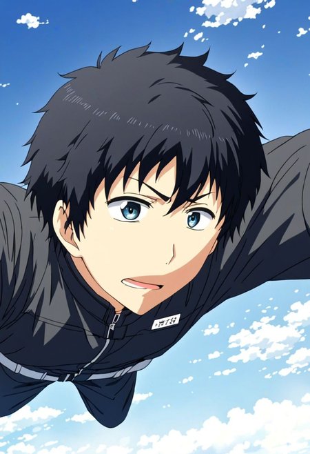 high resolution, solo, best quality, 1Boy, Arata Kaizaki, Black Hair, Blue Eyes, free fall, sky , OverallDetail