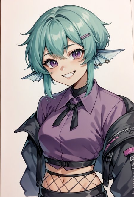 score_9, score_8_up, score_7_up, source_anime, 1girl, solo, finana3st, purple shirt, hairclip, black gloves, fingerless gloves, black jacket, midriff, black pants, fishnets, earrings, simple background,traditional art,lineart, smile, <lora:spfinanaRyuguXLPony:1>, <lora:Traditional_art_v4_USENEG:-0.9>