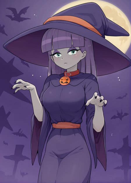 score_9,score_8_up,score_7_up,
 <lora:maudpie_pony:0.8>,maudpie,
 1girl, solo, ,witch costume,witch hat