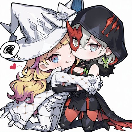 2girls,heart,one eye closed,tongue out,chibi,thought bubble,squiggle,looking at viewer,white background,transparent background,simple background,smile,licking lips,hug,hood up,closed mouth,yuri,black dress,black hood,black thigh boots,diabellstar the black witch,diabellze the original sinkeeper,green earrings,red mask,red pantyhose,single black detached sleeve,single black glove,single black wing,white bodysuit,white coat,white thigh boots,white witch hat,
masterpiece,best quality,amazing quality,very aesthetic,absurdres,newest,<lora:diabellstar the black witch and original sinkeeper illuXL v1.2:0.8>,