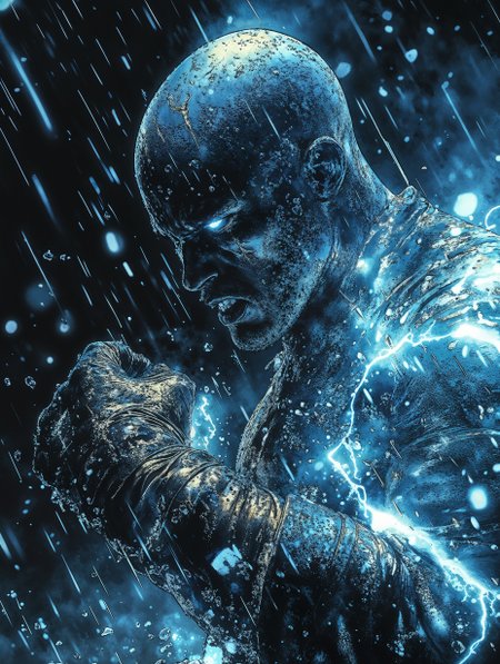 Digital artwork featuring a powerful, muscular figure with a bald head and glowing blue eyes, set against a dark, rainy background. The character's skin appears metallic and is illuminated by blue lightning that crackles around their body. The figure is depicted in a dynamic pose, with clenched fists and an intense expression, emphasizing strength and determination. The rain and lightning effects add a dramatic and electrifying atmosphere to the scene, highlighting the character's formidable presence.