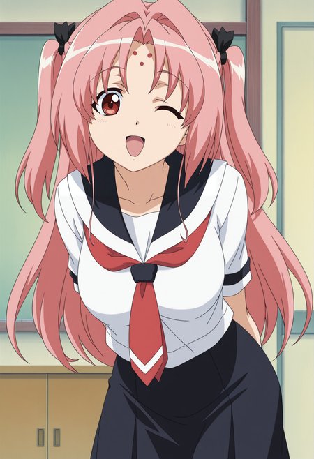 1girl,solo,mm,mature female,pink hair,long hair,two side up,red eyes,forehead mark,hair ribbon,anime coloring,
school uniform,serafuku,skirt,looking at viewer, smile,open mouth, arms behind back, leaning forward, one eye closed, indoors
,masterpiece,best quality,amazing quality,<lora:Miharu_Sena_Kanaka-Girls_Bravo-IL_r1:0.8>