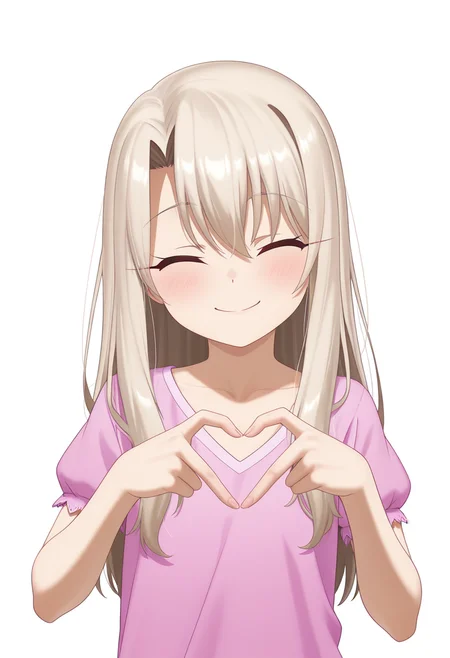 masterpiece, best quality, very aesthetic, absurdres, 
<lora:vrchat>, <lora:aidmaImageUpgrader-v0.3-IL:0.7>, aidmaimageupgrader, 
1girl, illyasviel von einzbern, <lora:hotarueye_xl_closed3_v10:1>, closed eyes, tsurime, heart hands,