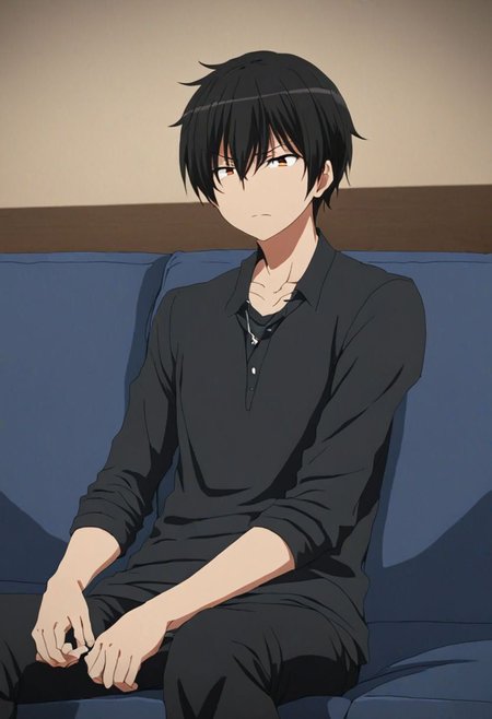 high resolution, solo, best quality, 1Boy, Kanie Seiya, Black Hair, deep talk, helpless, sit, couch, OverallDetail