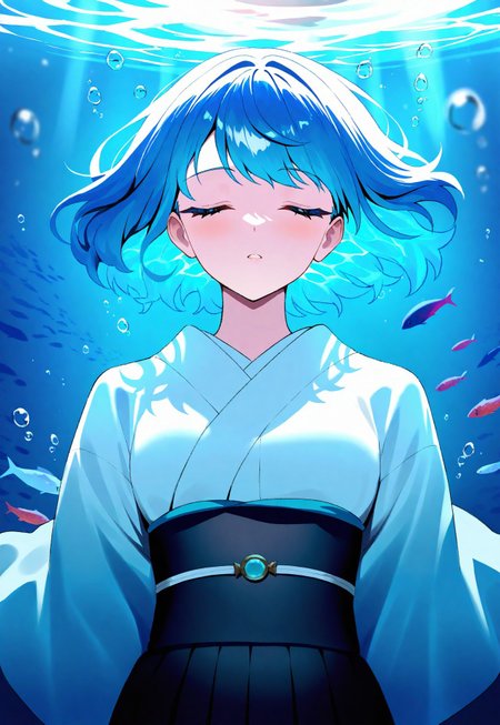 masterpiece, best quality, newest, absurdres, highres, Anime-style illustration featuring a young woman with blue hair, wearing a traditional white and black kimono. She is depicted underwater with her eyes closed, surrounded by bubbles and a small blue fish. The lighting creates a serene and ethereal atmosphere, with light filtering through the water from above. The background includes subtle details of underwater flora, adding to the tranquil scene.