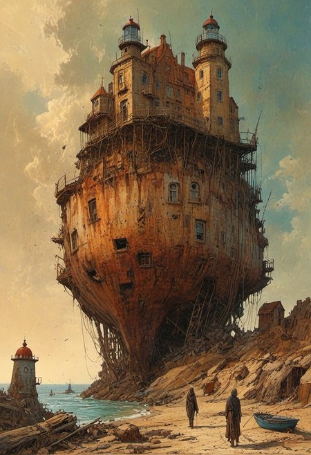 Dry riverbeds with rusting boats stand as silent monuments in a beautiful blonde, historic rendering of an old lighthouse, square spaceship , digital artwork by Beksinski, vibrant colors include cuware and births a house ,  the bridge cybergoth fashion dog accounts for a small part of the picture,   Olivia De Berardinis style, alberto Vargas style,   8k. The composition includes overlapping circles, sharp-edged polygons, and fluid lines, all interwoven to create a sense of rhythm and flow.
