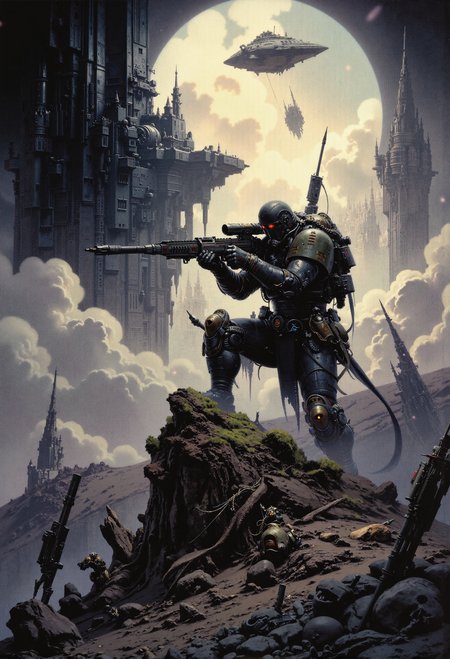analog film photo . Frank Frazetta fantasy oil painting (art by Zdzislaw Beksinski:2), a hero squad, defense line, bridgehead, securing the area. giant weapons, taking aim, ready to shot. on a hill, space dropship. grimdark, mythp0rt, FredFraiStyle <lora:- Flux1 - vanta_black_V1.0.safetensors:0.5>,  <lora:FluxMythP0rtr4itStyle.safetensors:0.76>,  <lora:FredFraiStyle-FLUX-Share.safetensors:0.75>,  <lora:Warhammer_Rogue_Trader_Style_flux-000021.safetensors:0.5>,   <lora:ARTifacts.safetensors:0.5>,  <lora:Movie_Portrait.safetensors:0.5>,  <lora:m100-style_v.02.safetensors:0.25>,  <lora:frazetta_flux_v2-000150.safetensors:0.5>,   . faded film, desaturated, 35mm photo, grainy, vignette, vintage, Kodachrome, Lomography, stained, highly detailed, found footage