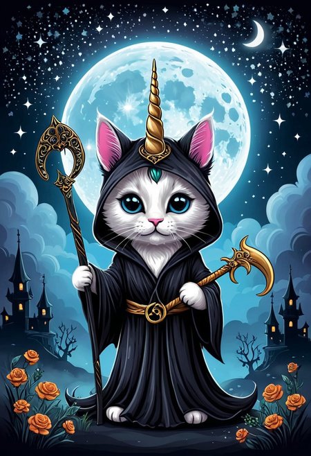 Let's craft a striking and unique t-shirt design featuring a unicorn kitten donning an eerie reaper costume, blending cuteness with a touch of mystique. Envision a fluffy, adorable kitten with a shimmering unicorn horn protruding from its forehead, embodying a sense of innocence and wonder. The kitten is cloaked in a flowing, dark robe reminiscent of the iconic reaper's attire, adorned with intricate, ethereal designs that catch the light in subtle, eerie ways. Its eyes gleam with a hint of otherworldly wisdom, contrasting with its playful, feline features. Tiny, delicate reaper's scythe motifs adorn the robe, adding a sinister yet charming element to the design. The background sets a haunting yet enchanting scene, with a moonlit sky swirling with mystical clouds and twinkling stars, casting an atmospheric glow. This captivating blend of cute and ominous elements creates a captivating t-shirt design that is sure to turn heads and spark intrigue.