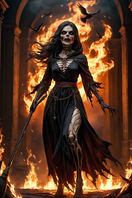 (photorealism:2), dynamic pose,
 an undead witch, half skeleton, holding long staff, emerging from infernal fire, emerging from infernal fire, burning with hatred, black ravens flying out, horror, dark tones, high contrast, hyper-realistic, eerie, sinister, atmospheric, detailed, high-definition, shadows, dramatic lighting, haunting, macabre
 <lora:EdobHorrorLandscape_XL_v1.0:1> EdobHorrorLandscape,