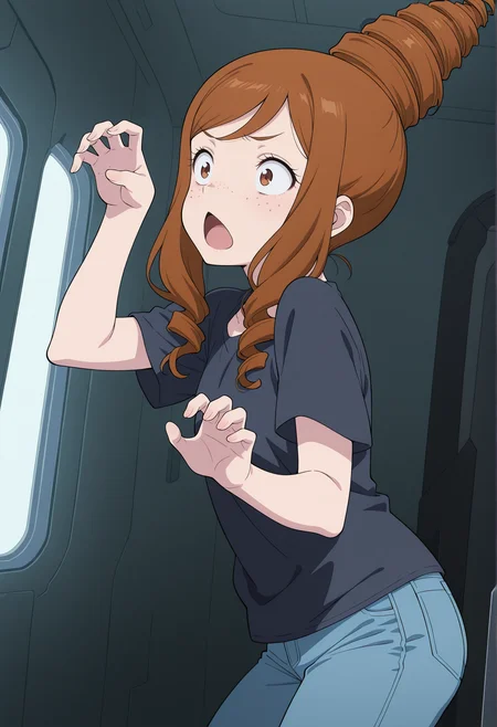 anime screenshot, anime screencap, anime coloring, 1girl, solo, , 1girl, brown hair, brown eyes, freckles, long hair, sidelocks, drill hair, topknot, wide-eyed, claw pose, from side, chestnut mouth, t-shirt, jeans, indoors, spacecraft interior, standing <lora:maverick_Eighth_Wonder:1>, masterpiece, best quality, amazing quality, very aesthetic, absurdres, highres, newest