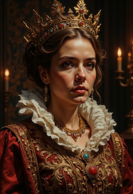 DGC style digital illustration, Magic style,
Close-up. cinematic photo. A sumptuously detailed Baroque painting of a regal queen, her opulent gown adorned with intricate embroidery and jewels, her gaze commanding yet tender. The elaborate crown atop her head gleams with gold, reflecting the warm candlelight of the royal court. Delicate brushstrokes capture the richness of her velvet robes and the subtle nuances of her expression, conveying both strength and grace. This exquisite, masterful portrait radiates elegance and sophistication, inviting viewers to bask in the beauty of a bygone era.