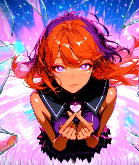masterpiece,best quality,(glass shards:1.2),(broken glass:1.1),reflection,solo,(solo focus:1.4),(solo:1.2),1girl,detailed background,dramatic lighing,cinematic still,<lora:BrokenGlass_illusXL_Incrs_v1:1.3>,pink eye makeup,pink eyeshadow,ripples,galaxy,neon lights,[magical girl, sailor uniform | goth, gothic dress],tan skin, brown skin, long hair, hair in the wind , multicolor hair , orange hair, Multicolour iris, round shaped eyes , dark purple eyes , unique pupils, looking at viewer , straight on , medium breasts,multicolor background,colorful,at night,clothing in wind,hair in wind,closeup,jumping, freeze frame, mid air, jumping straight up ,<lora:BLE(Illust)0.1v:1>,film grain,particles,blurry background,bokeh background,stars,realistic,finger heart, 2 hand heart ,jewelry,featured on pixiv,<lora:ChamIllustriousBackgroundEnhancer:1.1>,<lora:UK shiny_skin1v_ILXL:0.8>,shiny skin,