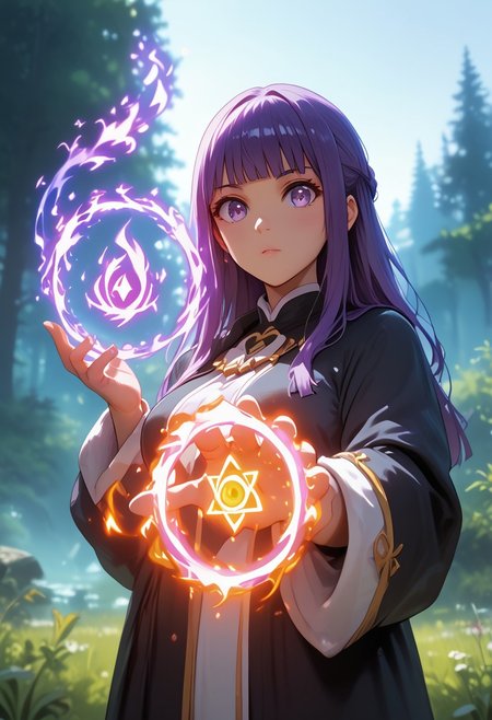 score_9, score_8_up, score_7_up, 2 girls, 
perfect face, detailed eyes, detailed skin, 
(fern \(sousou no frieren\), large breasts, long hair, purple hair, half updo, blunt bangs, purple eyes, big eyes, black robe),
spell bind, cinematic angle, Fractals, flame, smoke, energy ball:1.2, sparkle, Depth of field
Fog, dark forest, blurry background,