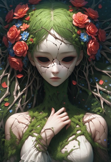 easynegative, source_anime, zPDXL2, extremely detailed, score_9, score_8_up, score_7_up, score_6_up, object_head, h3ad, <lora:Insert_Head_Here:1> multiple branches, lush flowers, hydrangeas, headless, object_head, flowing shadowy body, cracked face, petals falling, empty eyes, ethereal limbs, close up:1.5, portrait, vibrant red flower blooming, flower focus, holding head, dynamic pose, from above, hand up, swirling chaos background