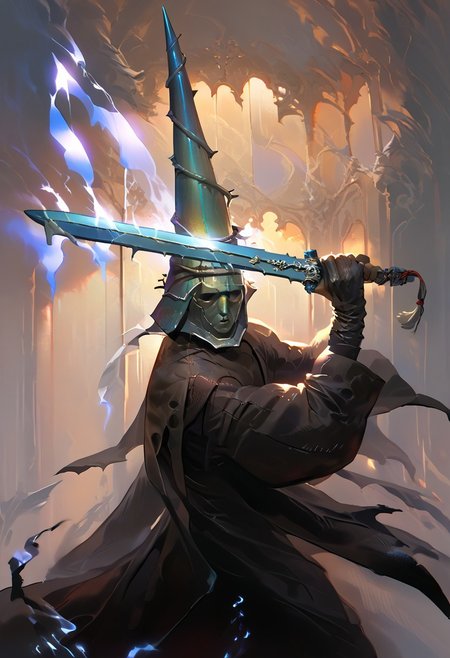 score_9, score_8_up, score_7_up, 1man, tall conical helmet, metal facial mask, pauldron, expressionless,   holding weapon, holding sword, blue electricity, cleavage, black dress, sleeves,