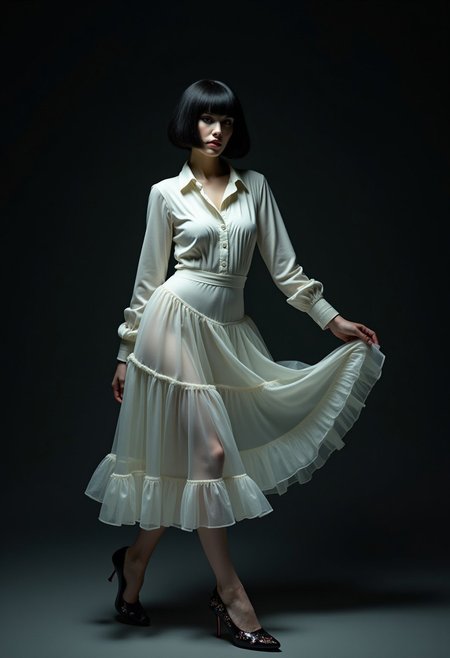 glamour photography of A hyper-realistic full-body photo of a turkish woman with a sleek black bowl-cut hairstyle, her razor-sharp bangs perfectly concealing her eyes, casting a mysterious shadow across her porcelain-like skin. Her pale, glossy complexion gleams with an oily finish, giving her an ethereal, avant-garde presence. She dons a Ballets Ruffled Dress in crisp, immaculate white, crafted from a luxurious blend of cotton and polyester. The dress features full sleeves, a stand collar, a single-breasted closure, and cascading ruffles that add delicate charm to its casual yet surreal design. Her feet are adorned with black leather high-heel shoes embellished with surreal iridescent floral patterns, shimmering like jewels under soft, focused lighting. She strikes a dynamic, avant-garde pose, her body tilted slightly with one arm extended gracefully while the other rests near her waist, exuding elegance and controlled intensity. The background is a deep, pitch-black void illuminated by glowing, sparkling golden grills that form intricate geometric patterns, creating a dramatic, high-fashion atmosphere. The photo captures every fine detail, with fluid lines and soft shading bringing out stunning clarity and depth, inspired by Alexander McQueen's visionary designs.