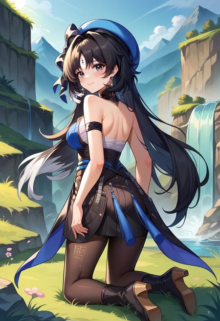 score_9, score_8_up, score_7_up, source_anime, 1girl, yangyangdef, grey eyes, mole under eye, black hair, long hair, hair intakes, multicolored hair, forehead mark, medium breasts, earrings, jewelry, hat, beret, blue headwear, black bow, bare shoulders, blue dress, sleeveless, arm strap, cleavage, chest sarashi, black gloves, single glove, black skirt, tassel, black pantyhose, black footwear, high heel boots, wariza, kneeling, closed mouth, smile, blush, looking at viewer, outdoors, grass, nature, rocks, waterfall, mountain in the background, sun, from behind, looking back, upper body, <lora:Yangyang_v1-000010:1>