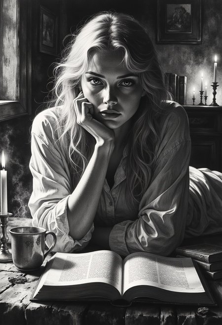 A serene, intimate black-and-white portrait of a young woman lying on her stomach, surrounded by the warm glow of flickering candlelight. Her long, tousled blonde hair cascades over her shoulders, framing her soft, contemplative expression. One arm is propped under her chin, her fingers resting lightly against her cheek, while the other drapes over an open book, its aged pages filled with dense, handwritten text.
The scene exudes a quiet stillness, the glow from the candles casting soft highlights across her smooth skin, creating a chiaroscuro effect that accentuates the delicate curves of her face and shoulders. The surrounding darkness deepens the sense of solitude, with blurred details of a dimly lit room in the background—a rustic wooden table, scattered books, and more flickering candles, their flames dancing against the shadows.
A ceramic mug sits beside her, steam curling from its rim, as if she has been lost in thought for hours. The interplay of light and shadow enhances the mood, capturing a moment of quiet introspection, warmth, and mystery in an old-world setting.
