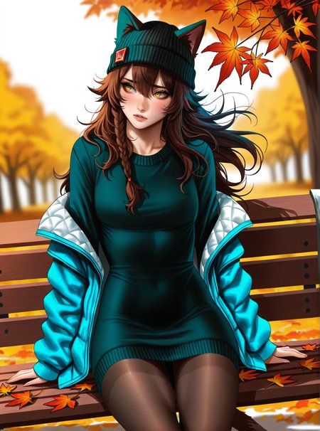 by j.k:0.6, by hoshi san 3:0.1,artist:Sakimichan:0.5, 1girl, solo,uvao_es, brown hair, yellow eyes, long hair, messy hair, side braid,tail,looking away, animal ears,autumn leaves, outdoors, wind, beanie, black sweater dress, leaning back, sitting on a bench, jacket (masterpiece), pantyhose, depth of field, (best quality), (ultra-detailed), amazing quality, very aesthetic, illustration, dynamic compostion,dutch angle, perfect composition, absolutely eye cathing,  intricate details, absurdres, incredibly absurdres,   <lora:UVAO_ES_IL_v1:0.7>