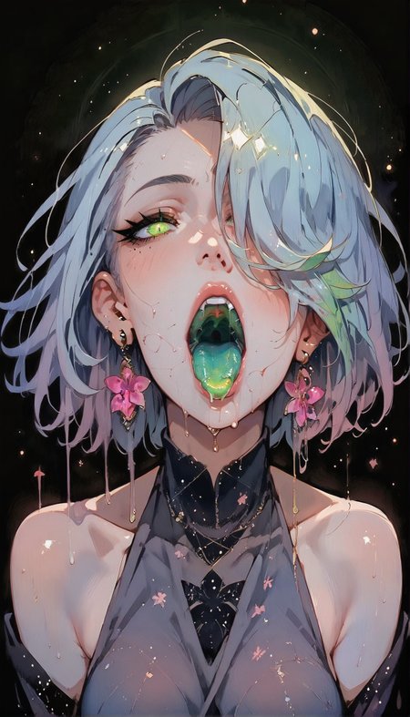 (score_9, score_8_up:1.1), score_7_up,    masterpiece, best quality, highly detailed, 1 girl, solo, glowing eyes, green eyes, bedroom eyes, green hair, jewelry, earrings, hair over one eye, looking down, open mouth, tongue out, green saliva, glowing hair, green hair, liquid hair, colored tongue, simple background, black background, green theme  <lora:Expressive_H-000001> expressiveh  <lora:Gothic Art 2 Style SDXL_LoRA_Pony Diffusion V6 XL:0.8> <lora:g0th1cPXL:0.8> g0thicPXL