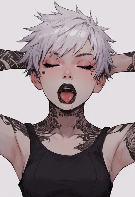 score_9, score_8_up, score_7_up, high detailed, high quality, masterpiece, no text, quality highlights, 8k detail, detailed background, source_anime, dynamic view, hentai, ultra-detailed,
...
1girl, solo, female focus, expressiveh,
(white hair), (punk hair), ((white skin)),
((short hair)),
black eyes, ((black tattoos)), seductive, gorgeous, collarbone,
(perfect slender body), thick lips,
(small breasts), (incredibly sexy),
((black lips)),
...
closed eyes, open mouth,
upper body, posing, tongue out, saliva,
front view, focus on face,
((black tank top)), hands behind head,
navel, 
...
(((white flat background)))