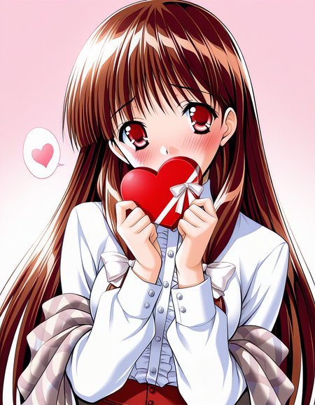 masterpiece, best quality, amazing quality, very aesthetic, high definition, absurdres, official art, ultra detailed, 
1girl solo, ouse_yumiko, long hair, brown hair, red eyes, tress ribbon, medium breasts BREAK  shawl, white shirt, fringe trim, center frills, red skirt, 
lovestruck, shy smile, blush, head tilt, looking at viewer, spoken heart, standing, holding heart gift, hand over own mouth, gradient background, pink background, front view, upper body, ultra detailed, best hands <lora:ouse yumiko v1.0-000018:1>