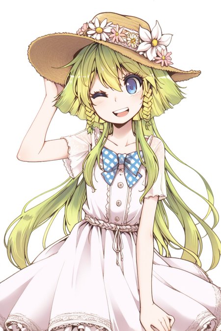 masterpiece, best quality, amazing quality,
 <lora:CrzNghbr_IL:1> crznghbr, 1girl, solo, one eye closed, hat, long hair, braid, blue eyes, dress, smile, green hair, blonde hair, open mouth, bow, flower, mnchr
