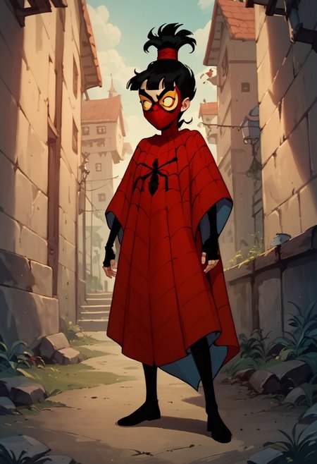 score_9, score_8_up, score_7_up, score_6_up,  score_5_up, Lydia1, 1girl, solo,  black hair, topknot, blunt bangs, red cape, spiderweb design, black fingerless gloves, black pantyhose, mask
