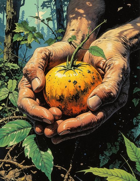A low-angle, wide-angle lens captures a close-up of a person's hands cradling a nispero fruit in a rustic, organic setting amidst a lush forest, as if seen through the lens of a 1980s neon-lit photograph on Kodak Ektachrome film. Inspired by the conceptual works of Robert Rauschenberg, with a focus on semibarbarianism and skiter-inspired brushstrokes. The primary light source is a warm, earthy glow from a soft spotlight, creating a natural and grounded atmosphere. Atmospheric effects of fog and haze envelop the scene, while a subtle color palette of greens and browns dominates the visual narrative. Compositionally, the hands and fruit are centered in the frame, with negative space surrounding them to emphasize their organic forms. Rendering style is photorealistic, with an emphasis on capturing the textures and details of the subject's skin and the nispero's rough exterior. Special effects include subtle lens flares and camera dust, adding a tactile quality to the image. Inspired by the works of Frida Kahlo in terms of mood and atmosphere., <lora:models\Flux\Vintage comic book:1.5> in style of comic book,