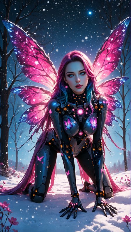 score_9, score_8_up, score_7_up, 8K Ultra Realistic, Jed-dblexpsre effect, double exposure of planets and stars, merged, Jed-dblexpsre, double exposure huge spread cyber butterfly wings decorated with snowflakes planets and stars, multicolor dyed hair, very long straight hair, seablue eyes, cyborg girl, cyborg body details, (dark:1.3) fields of snow with planets and stars, on all fours, flirty, bedroom eyes,