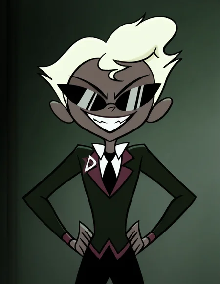 <lora:Agent2Illustrious1.0JLFO:1> agent2, 1girl, solo, blonde hair, suit,sunglasses, hands on own hips, grin,  formal, necktie, short hair, female focus, black necktie, dark skin, long sleeves, pants, looking at viewer, standing,