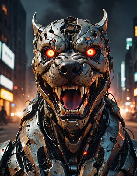angry pitbull ((robot)), flaming teeth, night, neon lights, battle damaged, scratches and dents, battle worn, machine,futuristic ,robot eyes,distorted pupils,distorted eyes, Unnatural anatomy, strange anatomy,things on face, BREAK downtown street, buildings on fire, rubble explosions smoke in the background,