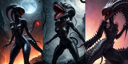 (otherworldly), highly insanely detailed, masterpiece, top quality, best quality, highres, 4k, 8k, RAW photo, (very aesthetic, beautiful and aesthetic), 
__lazy-wildcards/cosplay-char/alien-predator/xenomorph/prompts__, 
<lora:FemXeno:0.5>, 
(1girl:1.3), eyes focus, 
__lazy-wildcards/dataset/background__,âââ