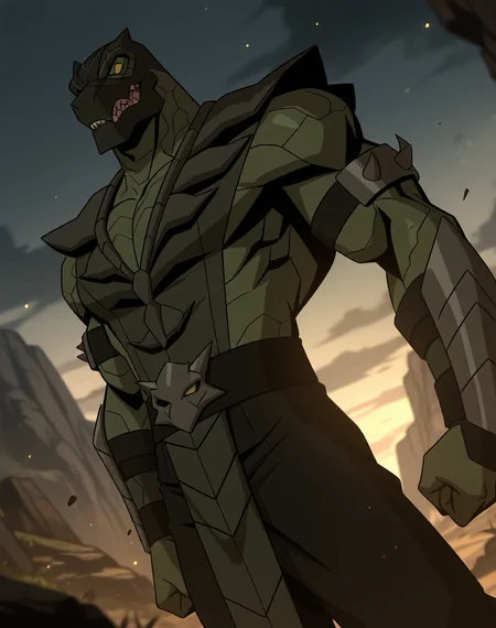 <lora:Reptile_(Mortal_Kombat_Legends_Scorpion's_Revenge)_(Illustrious)_(AD):1> Reptile_MK, muscular, Mortal Kombat, 
dutch angle, exterior, monumental architecture, wasteland, dark night sky with black clouds, mountains, ancient Asian stone ruins, 
male focus, gradient coloring, villain, intimidating, fierce, cowboy shot, 
BREAK very awe, aesthetically pleasing, masterpiece, best quality, amazing quality, very aesthetic, perfect depth of field shot, in'ei, source_furry, furry_art, 
Smooth Quality, lazympos, IllustQualXL_Pos,