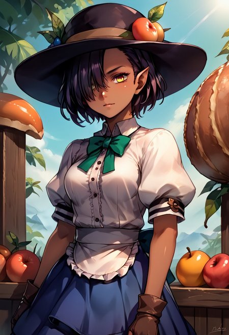score_9, score_8_up, score_7_up, score_6_up, score_5_up, score_4_up, source_anime, , (best quality) , (highly detailed) , (best quality) , (highly detailed) ,((masterpiece)), ((best quality)), (ultra-detailed), ((extremely detailed)), (high resolution), 4K, (8K), best quality, (beautiful), (dynamic lighting), (super detailed skin), sharp focus, (1_girl, solo focus), shiny skin, masterpiece ,absurdres ,detailed face ,beautiful face ,<lora:lucaKuroinuV1:0.9> LucaKuroinu, short hair, bangs, black hair, medium breasts, yellow eyes, pointy ears, dark skin, hair over one eye, dark-skinned female, dark elf, 
 skirt, shirt, hat, bow, white shirt, short sleeves, boots, frills, food, puffy sleeves, bowtie, apron, puffy short sleeves, blue skirt, black headwear, fruit, leaf, brown footwear, frilled skirt, cross-laced footwear, peach, (rainbow order:1.5)
(portrait, upper body), OverallDetail