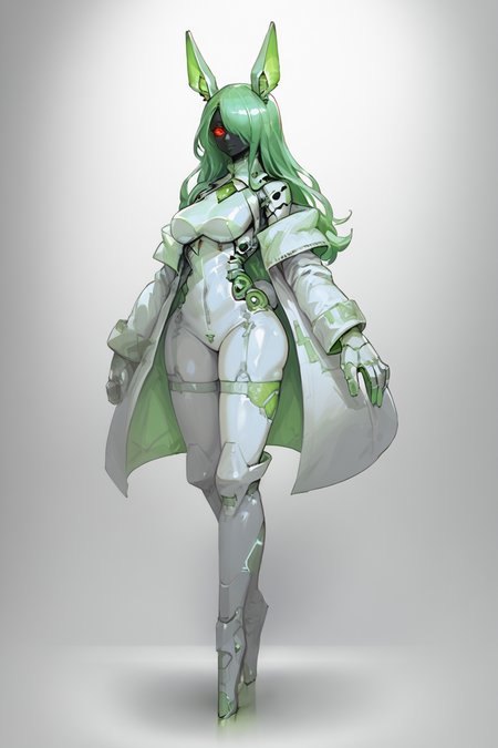 score_9, score_8_up, score_7_up, score_6_up, score_5_up, score_4_up, BREAK, source_anime, solo, 1girl, rating_safe, ((mature female)), ((long green flowing hair)), mechanical parts, (big backwards folded mechanical rabbit ears), mature female, (bunny ears), (animal ears), subdermal port, ((milf, mature female, big breasts)), hexagon lines in skin, naval uniform overcoat, naval uniform, white military uniform, dress_uniform, ribbons, ((red eyes)), bunny tail, rabbit tail, aiguillette, ((green hair)), ascot, ((Low angle (from the side) view medium Distance shot)), latex pilot suit, shoulder cutout, bunny rabbit Tail, ((hair over one eye, )), digitigrade, clawed feet, minimal clothes, ((metal skin, shiny skin, vampire aesthetic, digital eyes, filled eyes, monochromatic eyes, glowing eyes, colored sclera, red sclera, mechanical eyes, partially shaded face, )), <lora:ECHANIS:1>,  <lora:Pochincoff_Style_Lora:0.8> pochincoff, robot girl, visor, big eyes, 4 eyes, <lora:chokerV2:1> alien parasite ckr sucked on neck, ckr