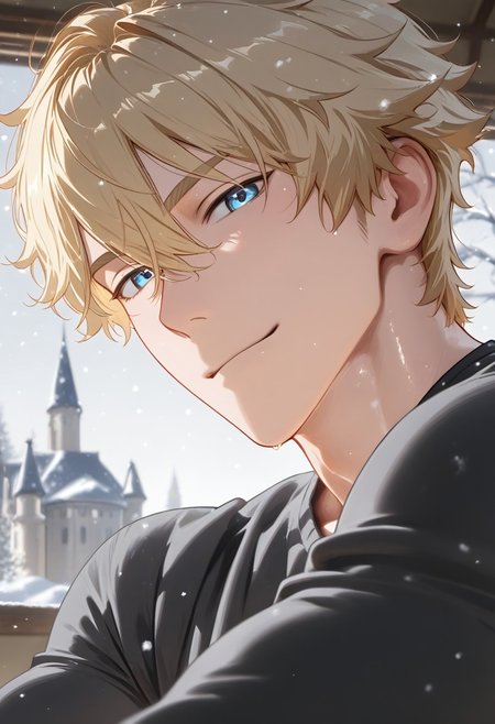 //General, masterpiece,best quality,amazing quality, source_anime, intricately detailed illustration, very aesthetic, absurdres, newest, anime coloring, subsurface scattering, , natural lighting, Expressiveh, detailed skin, shiny skin,aesthetics light, depth of field, vibrant colors,
//Fashion, black shirt, long sleeves, 
//Background, castle interior, indoors, snow background outside the window, 
//Others, 1boy, male focus, solo male, manly body, 
//Action, looking at viewer,  light smile, close up, upper body,
BREAK,
gepard, blonde hair, hair between eyes, blue eyes