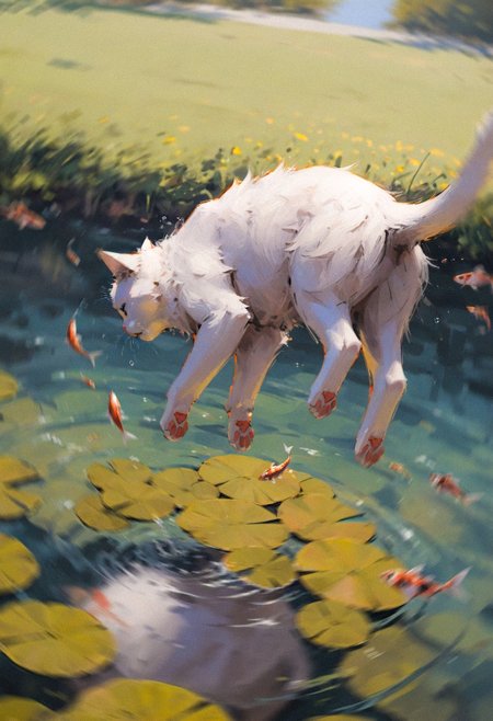 (dutch angle:1.2), dynamic angle, 
very awa, masterpiece, highres, absurdres,
(solo:1.1), cat, animal, animal focus, tiny, cute, small, fluffy, falling down, no humans,  from behind, dynamic pose, fish, catching,  pound, water, outside, nature, plant, floating, 
<lora:NOOB_vp1_detailer_by_volnovik_v1:0.35> <lora:noobai_ep11_stabilizer_v0.114_fp16:0.35> <lora:ponyv6_vpred6:0.3> 
<lora:klskx-12:0.85> (klskx:1.1)  <lora:AESTX:0.4> <lora:YTSKX:0.4> (konya karasue, 96yottea:1.1),  realistic,