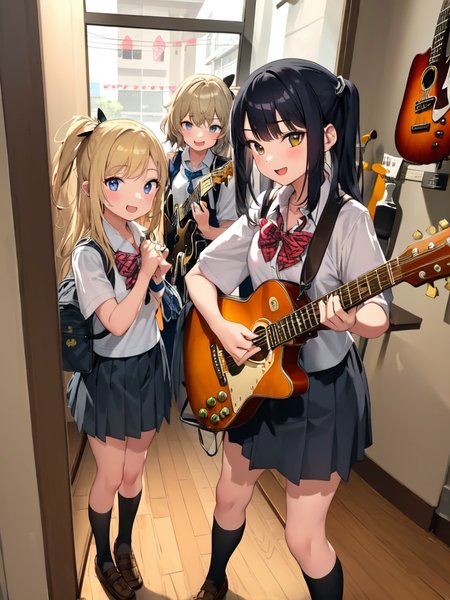 masterpiece, best quality, ultra-detailed, illustration, 
(2girls:1.4), school uniform,  school bag,  smile ,
guitarshop, guitar, instrument, electric guitar, bass guitar, amplifier, speaker, wooden floor, indoors, 
 <lora:guitarshop-000002:1>