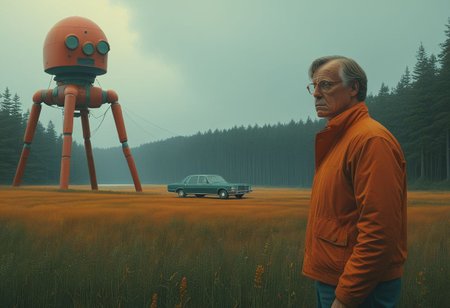 Vibrant (George Tooker) and (Simon Stalenhag) and (Holly Andres) book cover style.
Title: "The Closer".
Life-like details.
Cinematic. Dramatic. Dynamic. 
Pristine Aesthetic.
Enigmatic.
Emotionally Moving.
Moody.
Extremely refined lines and and shapes.
Extremely refined details on objects.
Sharp details.
Complementary colors.
Many details everywhere. Ray-Tracing. Anti-Aliasing. Realistic soft shadows. Low saturation colors. Insane quality. Insane resolution. Insane details. Masterpiece. 32k resolution.
