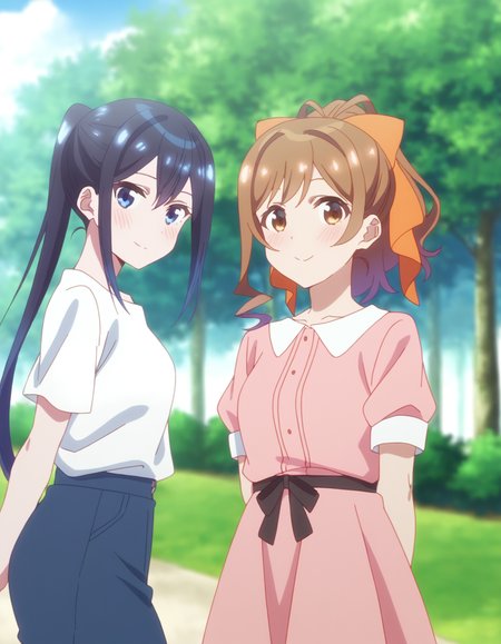 2girls, miyama suzune, hair bow, hananoi rena, ponytail, selection project, casual, standing, arms behind back, looking at viewer, smile, blush, outdoors, park, day, BREAK, <lora:iSelePro:0.75>,
very aesthetic, high definition, amazing quality, masterpiece, best quality, highres, absurdres, sensitive, newest, anime screenshot, screencap