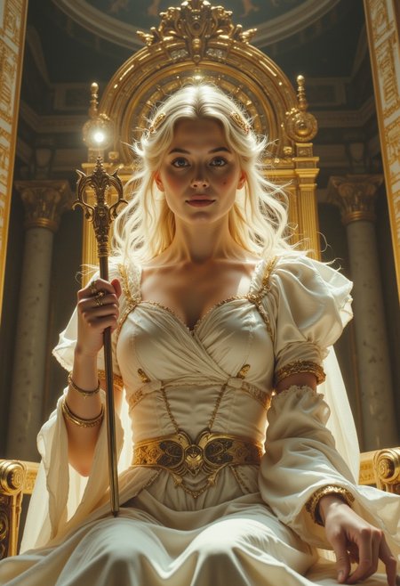 Extreme Closeup Portrait, Monochrome with color, radiant whites and golds, faint touches of azure. A towering hall of marble and gold, its walls etched with divine symbols that seem to glow with their own light. Massive pillars rise to a vaulted ceiling, where a fresco of celestial beings gazes down. Seated on a throne of pure gold is a goddess-queen, her presence overwhelming and awe-inspiring. Her gown, a masterpiece of flowing white silk and shimmering gold embroidery, cascades around her, pooling at the foot of her throne. Her skin, flawless and radiant, seems almost unreal, as if carved from marble. Her face is the pinnacle of perfection: symmetrical, serene, and utterly divine. Her golden eyes, glowing faintly, seem to look through and beyond the viewer, as if she sees all that was, is, and will be. Her lips, painted a subtle rose gold, are curved into an enigmatic smile that holds the weight of eternity. In one hand, she holds a scepter crowned with a radiant gem that emits a pure, calming light. The other rests delicately on the armrest of her throne, her fingers adorned with intricate rings that seem alive with power. She is unapproachable, untouchable—a vision of perfection that commands reverence and desire in equal measure.