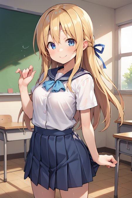 score_9, score_8_up, score_7_up, score_6_up, source_anime, BREAK, <lora:Yggdra:0.85> , yggdef, 1girl, blonde hair, long hair, blue eyes, hair ribbon, ascot, (school uniform), solo, smile, school, interior, classroom, cowboy shot, looking at viewer,  <lora:backgroundsetXL:0.3> , background,