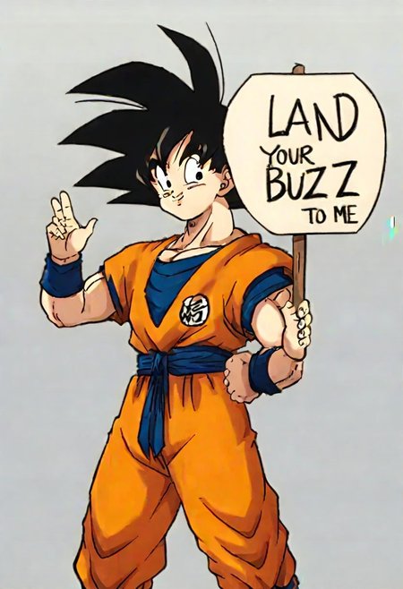 Anime style , solo, gkudbz, Detailed, goku,((holding sign with text "land your buzz to me!:1.2))