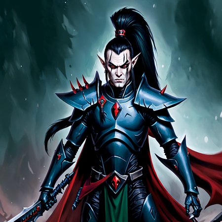 high resolution, best quality, <lora:aeldari_xl_6:1>aeldari, drukhari, standart drukhari, drukhari's armor, solo, long hair, black hair, hair ornament, red eyes, 1boy, holding, ponytail, weapon, male focus, pointy ears, sword, cape, holding weapon, holding sword,  armor