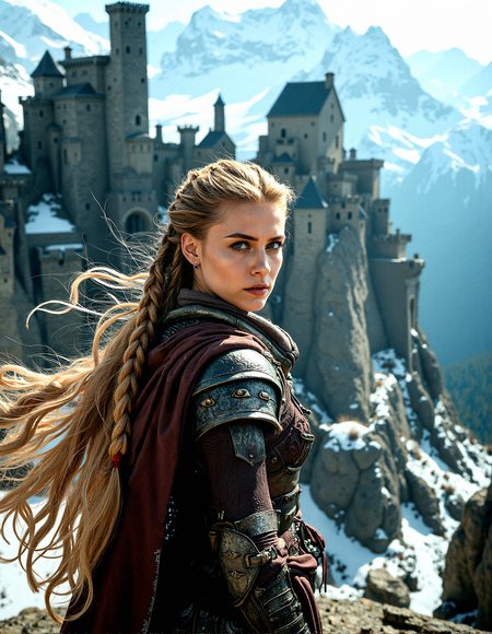 Extreme photorealistic depiction of a beautiful female warrior, long blonde braided hair, looking at viewer,  realistic detailed skin texture, intricate leather armor, high-resolution, cinematic lighting, sharp focus, ultra-realistic, extreme realism, 8k, very detailed, high quality.

A secretive fortress built into the side of a mountain, with narrow paths leading to the entrance. The walls are made of dark stone, and the fortress is heavily fortified with watchtowers and archers’ slits. The air is crisp and cold, with snow-capped peaks in the background.

The female warrior Standing on a raised surface with a dramatic wind effect.

