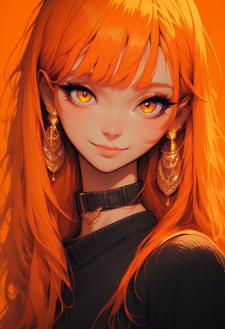 score_9, score_8_up, score_7_up,  
c0l0r1f1c4t10n0r4ng3,ColorificationOrange,Colorification Orange, 1girl, solo, long hair, looking at viewer, smile, bangs, simple background, shirt, jewelry, closed mouth, yellow eyes, upper body, earrings, choker, orange hair, collar, sweater, lips, orange eyes, black shirt, eyelashes
