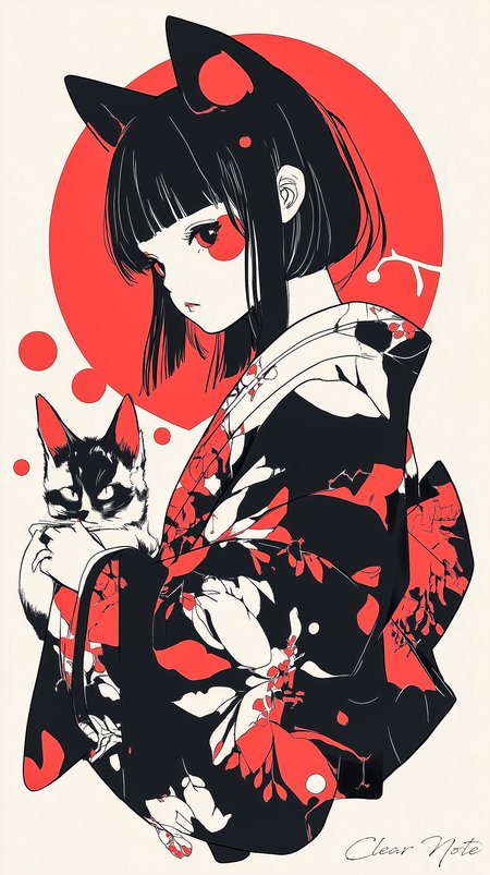 Japanese anime art style, pop art, A girl in a cute kimono is looking at me, Cat ears, Futuristic